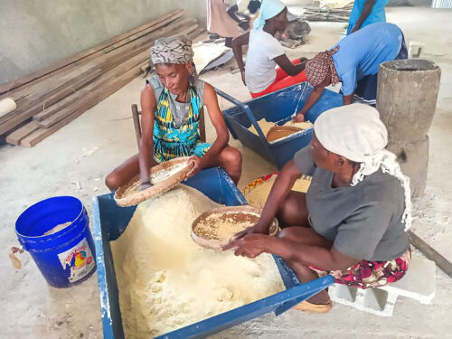 Membres de la communauté de Trouchouchou en pleine préparation de cassaves dans la cassaverie.